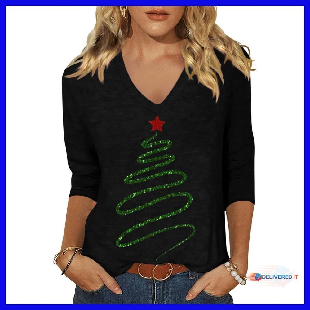 Women's 3/4 Sleeve V-Neck Christmas Graphic Tee Holiday Party Top